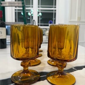 Amber Faceted Stemmed Glasses | Vintage-Style Cocktail Goblets | Set of 8